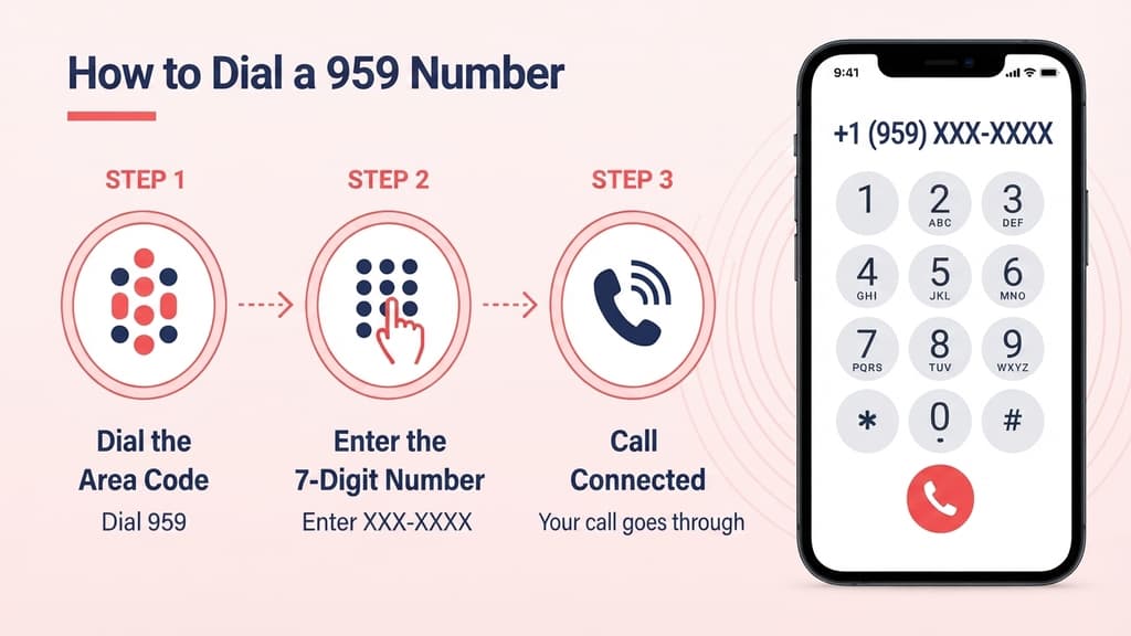 Smartphone dial pad showing +1 (959) XXX-XXXX beside an Eastern Time clock icon on a pale blue infographic