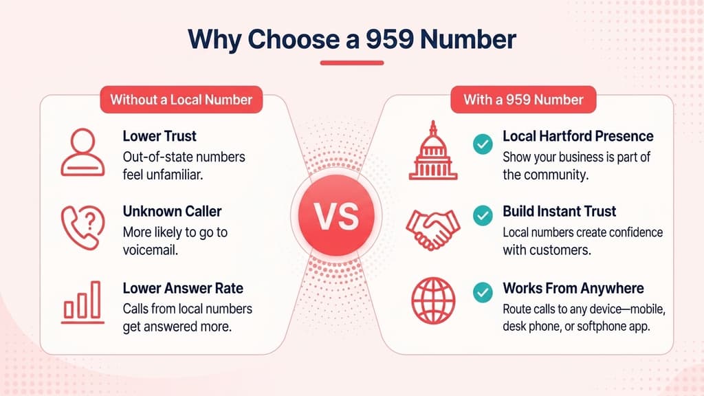 Four white benefit cards with cyan and violet icons reading local Hartford-area presence, build trust, easy routing and work from anywhere