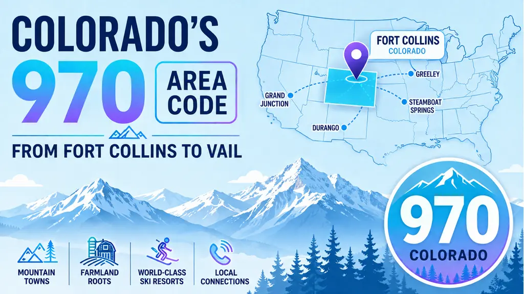 US map highlighting Colorado, a pin on Fort Collins, a snow-capped mountain peak silhouette, and a 970 badge in cyan and violet