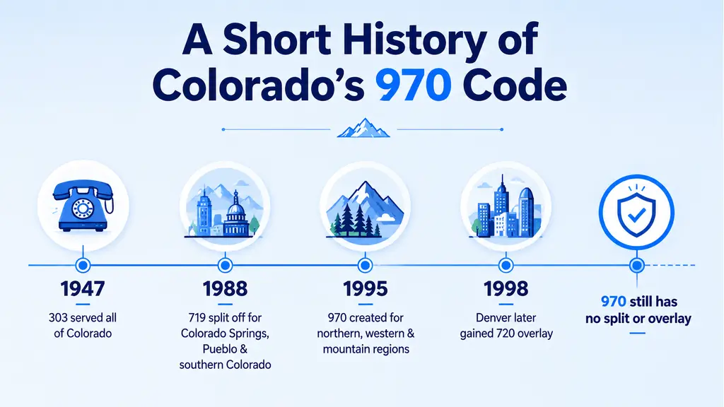 Timeline infographic tracing Colorado's area code history from 303 covering the whole state in 1947, through the 719 split in 1988 for Colorado Springs, to the 970 split in 1995 for northern, western, and mountain Colorado, on a pale blue background with a ghosted Colorado outline