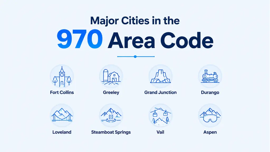Major cities in the 970 area code — Fort Collins, Greeley, Grand Junction, Durango, Loveland, Steamboat Springs, Vail, Aspen