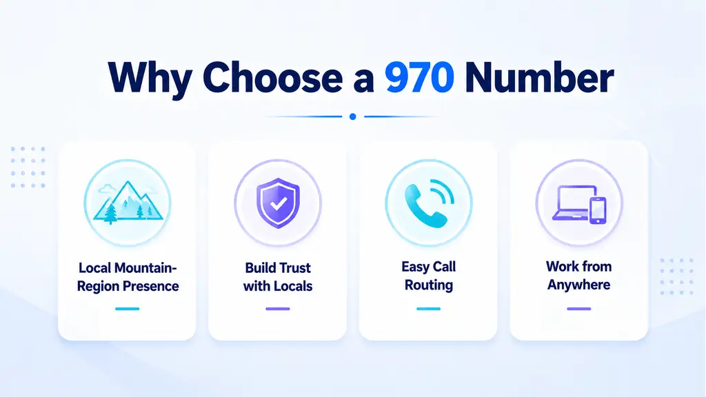 Four white benefit cards with cyan and violet icons reading local mountain-region presence, build trust, easy routing and work from anywhere