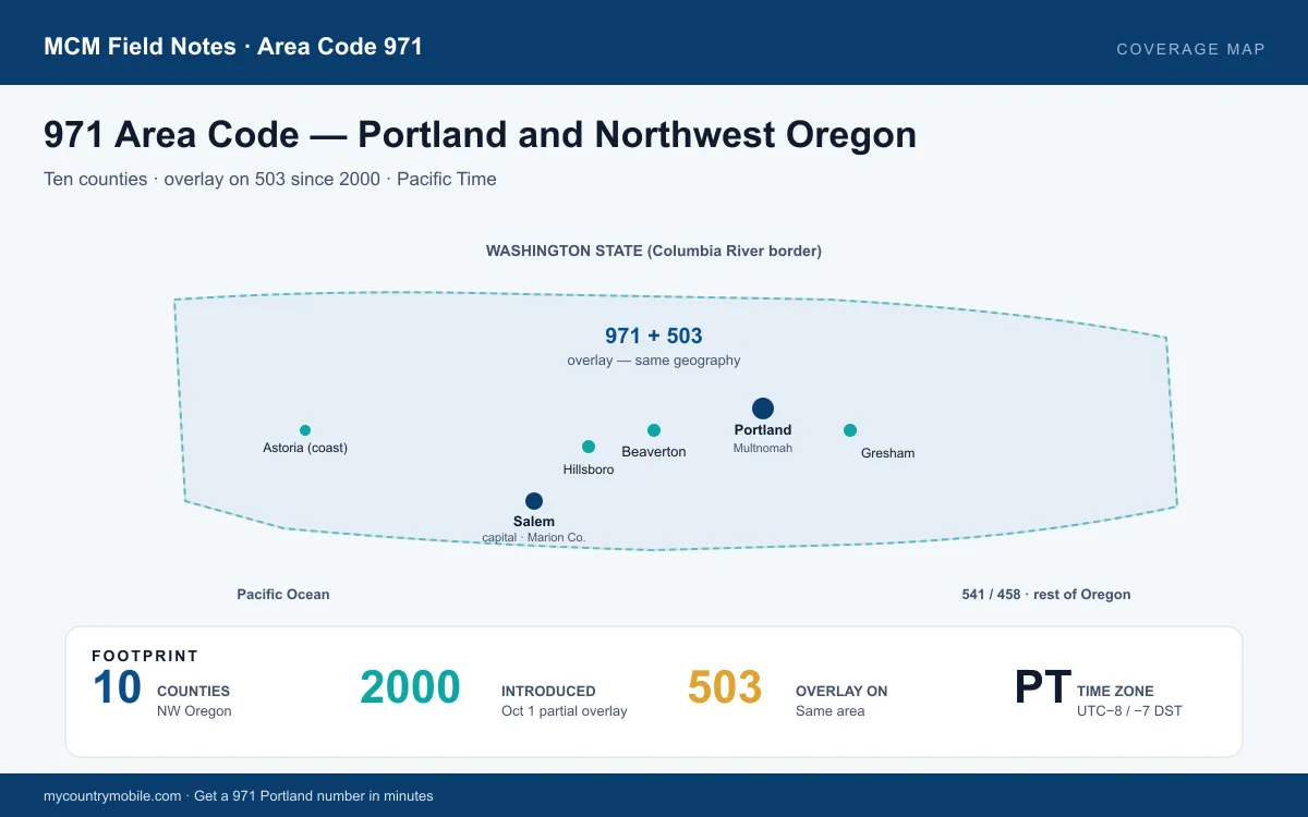 971 area code coverage map across northwest Oregon — Portland, Salem, Hillsboro, Beaverton, with the 503 overlay