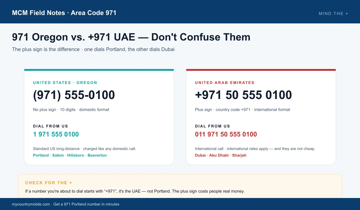 971 Oregon vs. +971 UAE — the plus sign is the difference between Portland and Dubai