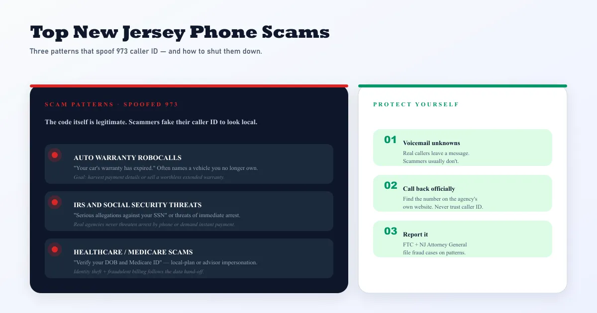 Three top New Jersey phone scams that spoof 973 caller ID — auto warranty robocalls claiming your car warranty has expired, IRS and Social Security threat calls warning of suspended SSN and immediate arrest, and healthcare or Medicare impersonation scams asking you to verify your date of birth and Medicare ID, alongside three protective habits: let unknown calls go to voicemail, hang up and call official agency numbers yourself, and report repeat offenders to the FTC and the New Jersey Attorney General