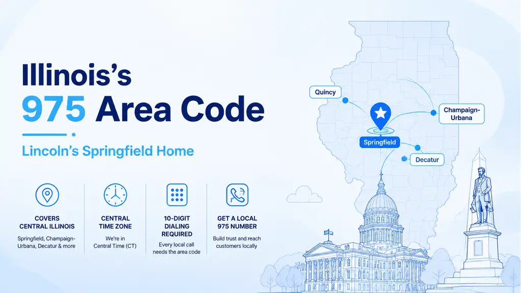 US map highlighting central Illinois, a pin on Springfield, a historic capitol dome silhouette, and a 975 badge in cyan and violet