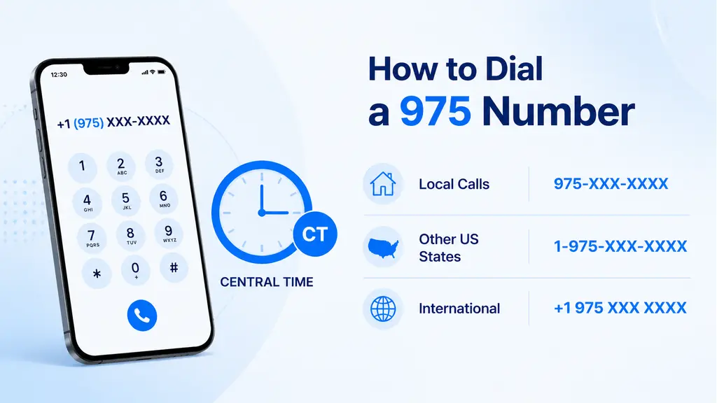 Smartphone dial pad showing +1 (975) XXX-XXXX beside a Central Time clock icon on a pale blue infographic