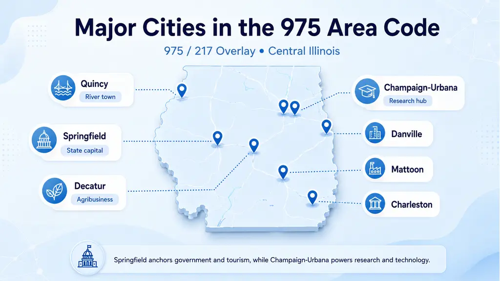Major cities in the 975 area code — Springfield, Champaign, Urbana, Decatur, Quincy, Danville, Mattoon, Charleston