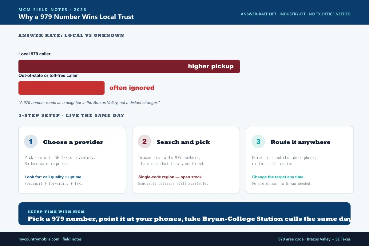 Why a 979 local number helps Brazos Valley businesses — instant trust on sight, fit with the region's key industries, and works without a physical office, plus a 3-step setup process