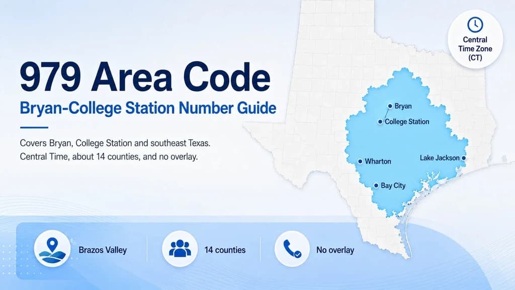 979 area code — Bryan-College Station and southeast Texas, split from 409 in 2000, single-code region with no overlay, Central Time