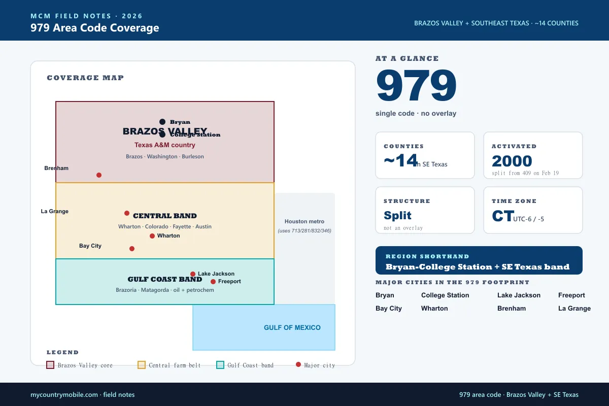 Map of 979 area code coverage across southeast Texas — Bryan-College Station Brazos Valley anchor plus roughly 14 counties extending toward the Gulf Coast including Brazos, Washington, Matagorda, Brazoria, Wharton, Fayette, and Colorado