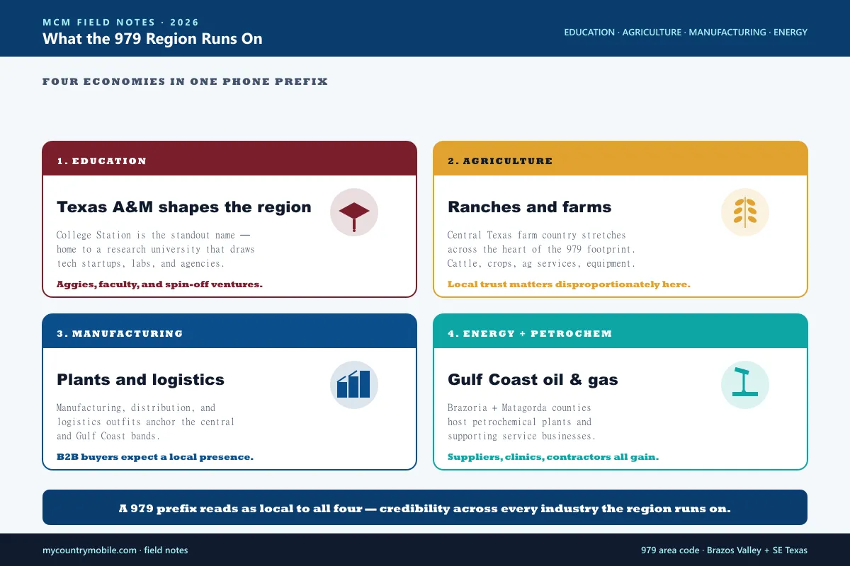 The four industries the 979 region runs on — education centered on Texas A and M University, agriculture across central Texas farm country, manufacturing, and energy plus petrochemicals along the Gulf Coast
