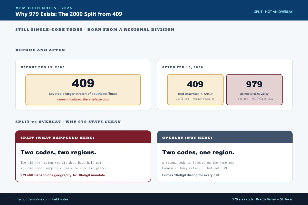 History of the 979 area code — split from 409 on February 19 2000 to give the Brazos Valley its own dedicated number pool, still single-code today with no overlay