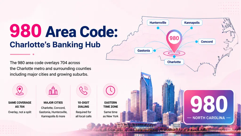 US map highlighting North Carolina, a pin on Charlotte, a crown-topped skyscraper silhouette, and a 980 badge in cyan and violet