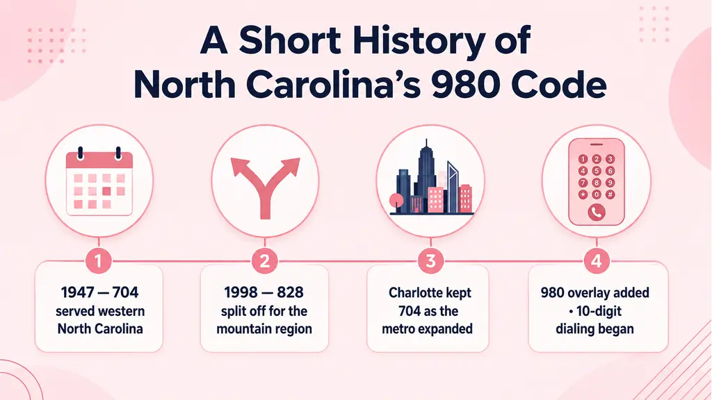 Timeline infographic tracing North Carolina's area code history from 704 covering the western half of the state in 1947, through the 828 split in 1998 for the mountain region, to the 980 overlay layered on top of 704 around Charlotte the same year, on a pale blue background with a ghosted North Carolina outline