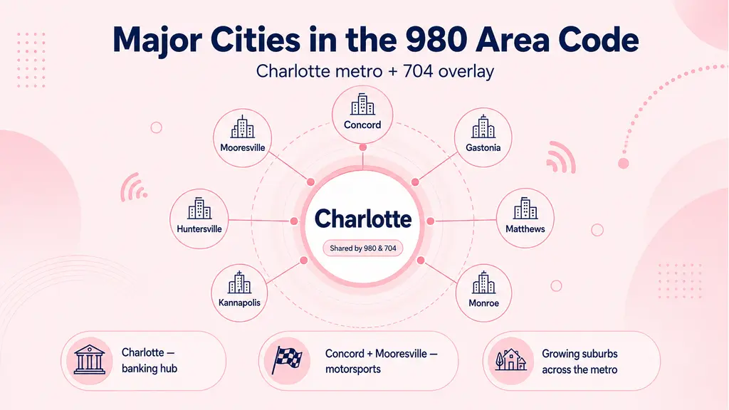 Major cities in the 980 area code — Charlotte, Concord, Gastonia, Huntersville, Matthews, Kannapolis, Monroe, Mooresville