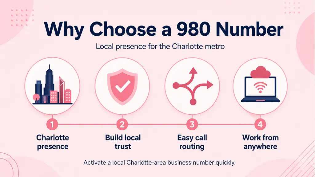 Four white benefit cards with cyan and violet icons reading local Charlotte-area presence, build trust, easy routing and work from anywhere