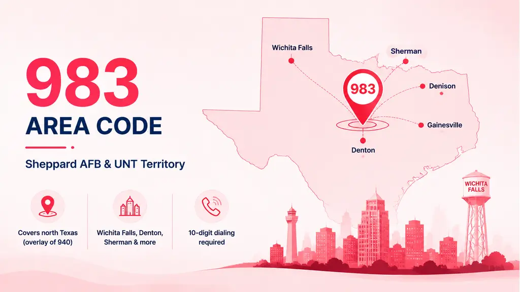 US map highlighting north Texas, a pin on Wichita Falls, a tiny landmark skyscraper silhouette, and a 983 badge in cyan and violet