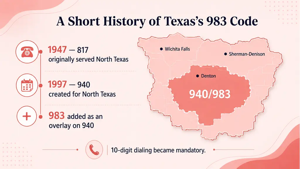 Timeline infographic tracing north Texas's area code history from 817 covering Fort Worth and its region, through the 972 split in 1996 for Dallas suburbs and the 940 split in 1997 for Wichita Falls and Denton, to the 983 overlay layered on top of 940, on a pale blue background with a ghosted Texas outline