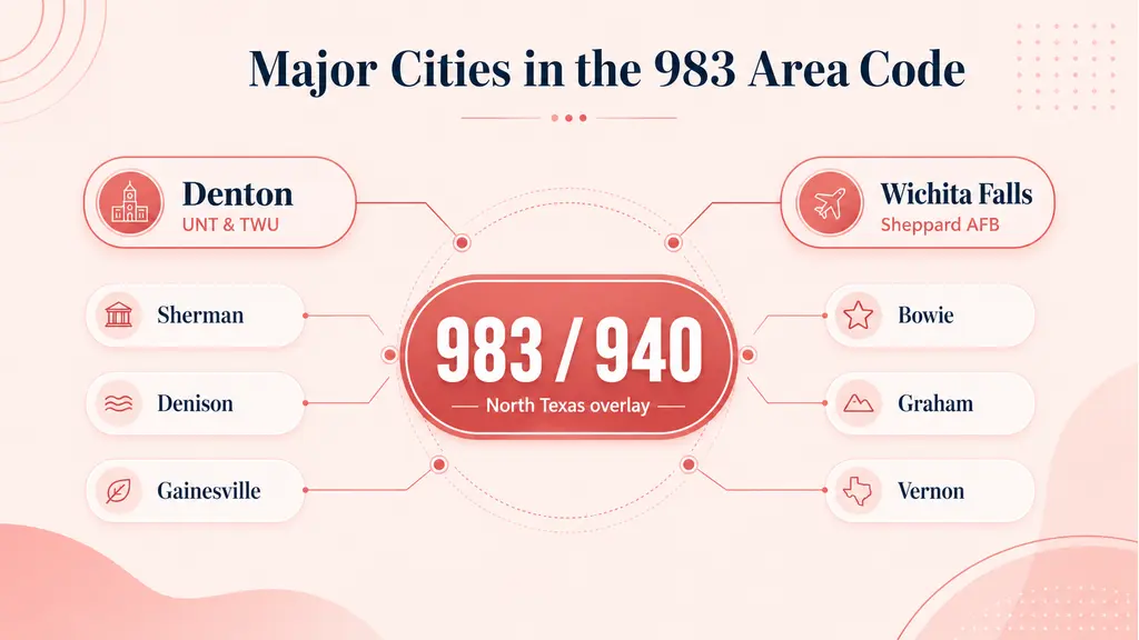 Major cities in the 983 area code — Denton, Wichita Falls, Sherman, Denison, Gainesville, Bowie, Graham, Vernon