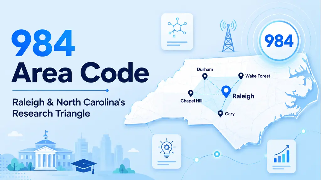 US map highlighting North Carolina, a pin on Raleigh, a Gothic chapel tower silhouette, and a 984 badge in cyan and violet