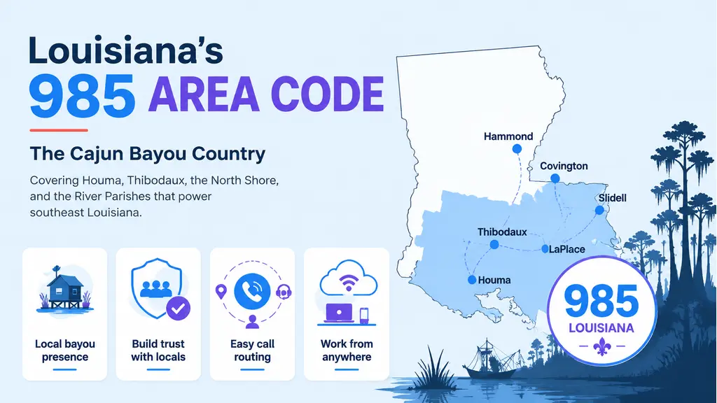 US map highlighting southeast Louisiana, a pin on Houma, a cypress bayou silhouette, and a 985 badge in cyan and violet