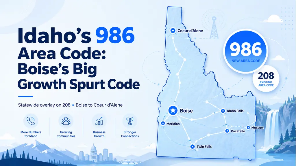 US map highlighting Idaho, a pin on Boise, a waterfall silhouette, and a 986 badge in cyan and violet