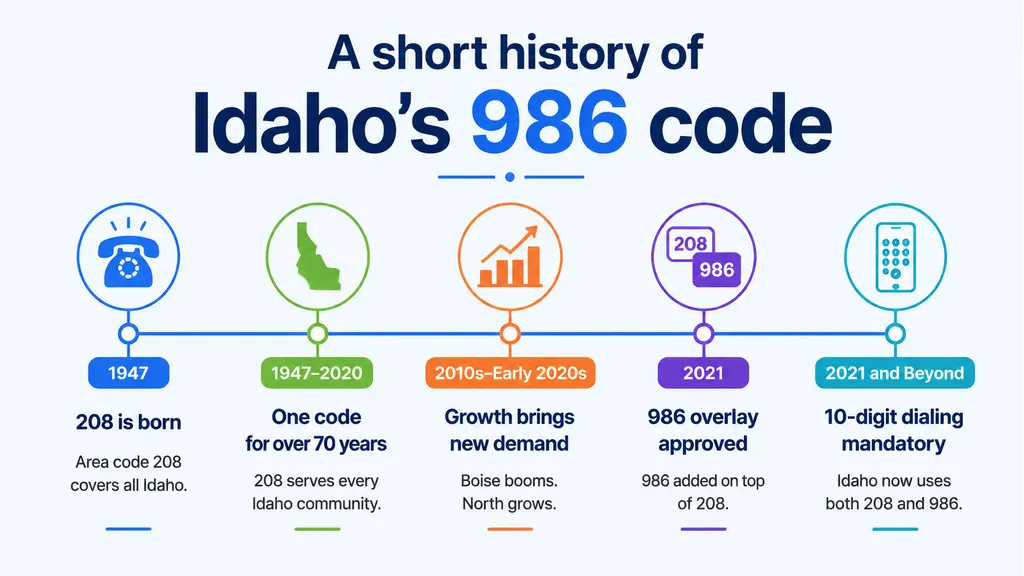 Timeline infographic tracing Idaho's area code history from 208 assigned statewide in 1947, through more than seventy years as a single-code state, to the 986 overlay launching statewide in 2021 to relieve Boise's growth, on a pale blue background with a ghosted Idaho outline