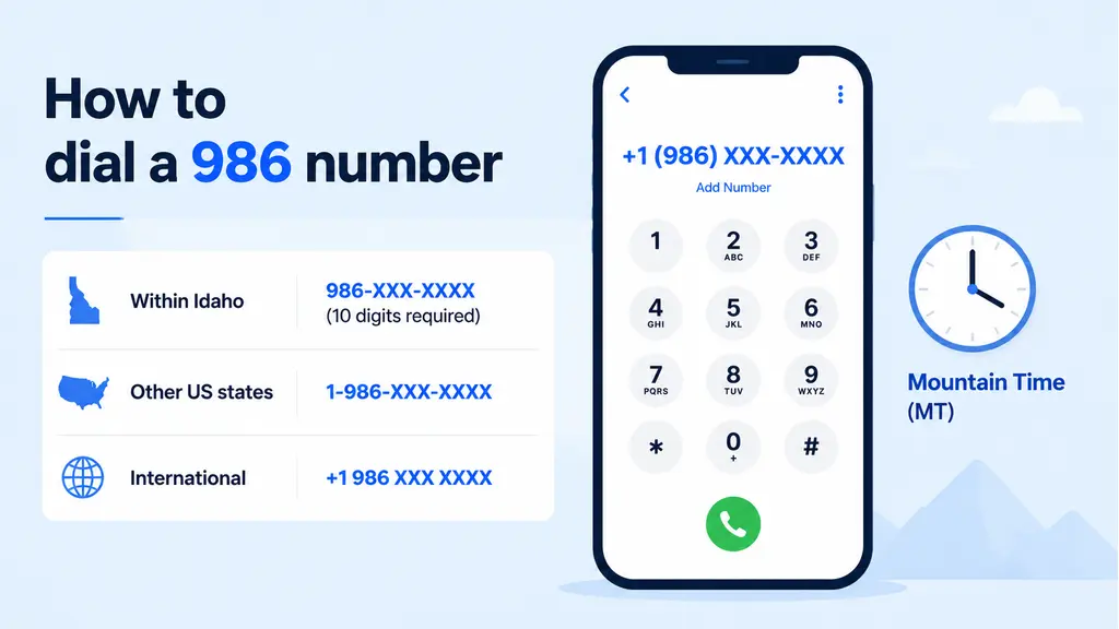 Smartphone dial pad showing +1 (986) XXX-XXXX beside a Mountain Time clock icon on a pale blue infographic