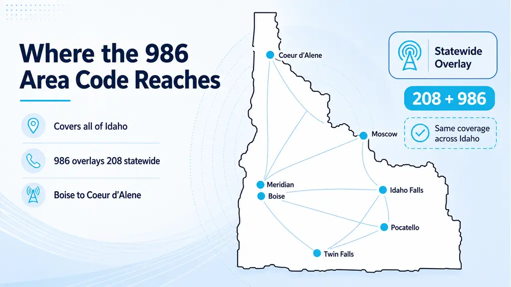 Vector map of Idaho with cyan dots on Boise, Meridian, Idaho Falls, Coeur d'Alene and Pocatello, connected by calling network lines, all borders in black