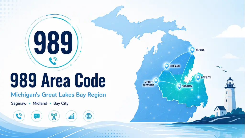 US map highlighting Michigan, a pin on Saginaw, a Great Lakes lighthouse silhouette, and a 989 badge in cyan and violet