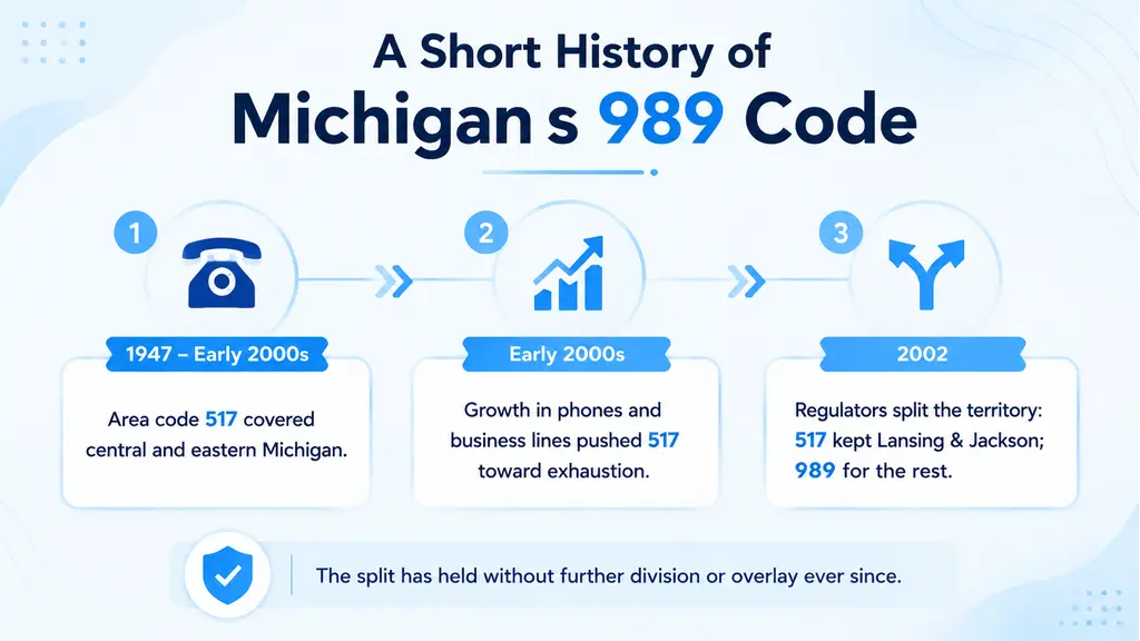 Timeline infographic tracing north-central Michigan's area code history from 517 covering Lansing, Jackson, and the Great Lakes Bay Region together in the early NANP era, to the 989 split in 2002 giving Saginaw, Bay City, and Midland their own dedicated code, on a pale blue background with a ghosted Michigan outline
