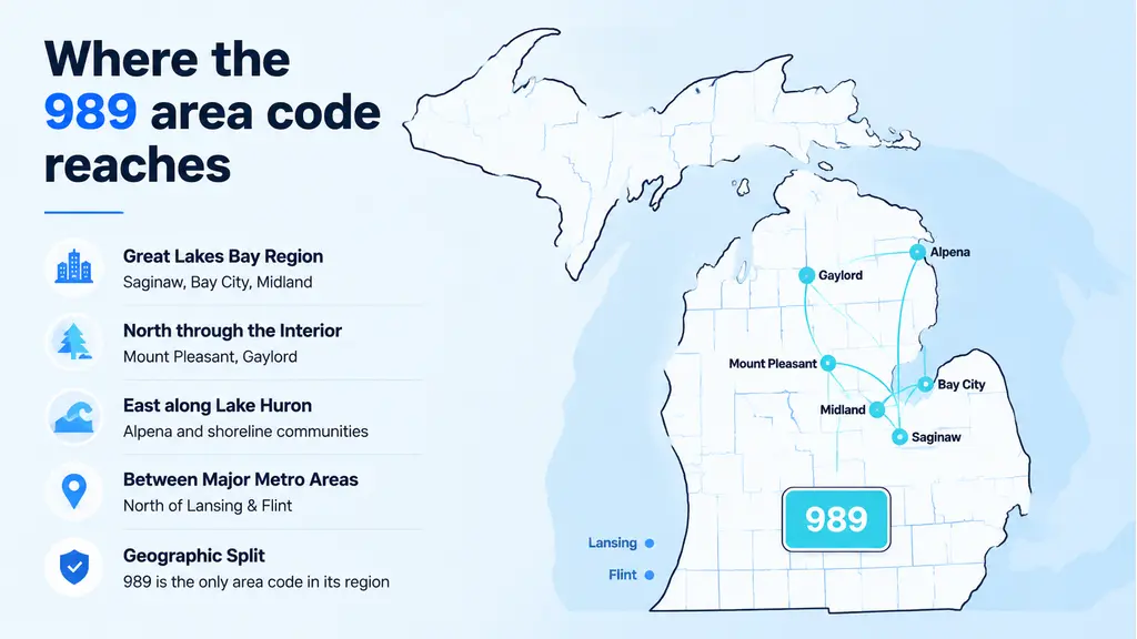 Vector map of Michigan with cyan dots on Saginaw, Bay City, Midland, Mount Pleasant and Alpena, connected by calling network lines, all borders in black