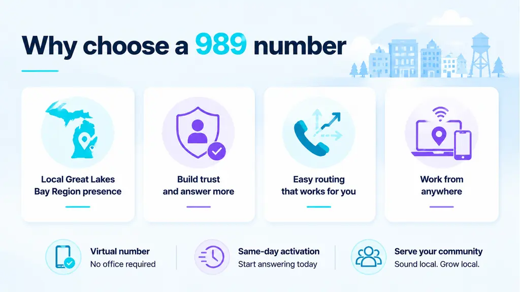 Four white benefit cards with cyan and violet icons reading local Great Lakes Bay Region presence, build trust, easy routing and work from anywhere