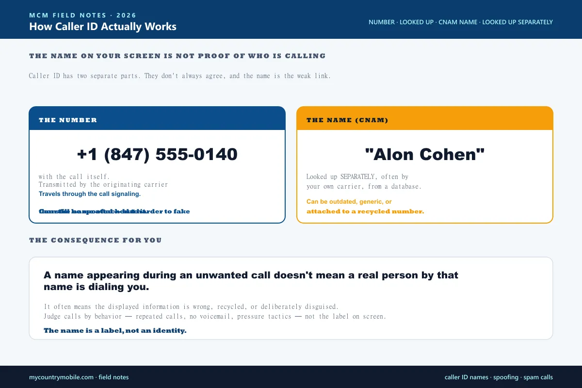 How caller ID actually works — the number and the displayed name (CNAM) come from two separate lookups, so a wrong or recycled name can show even when the number is real