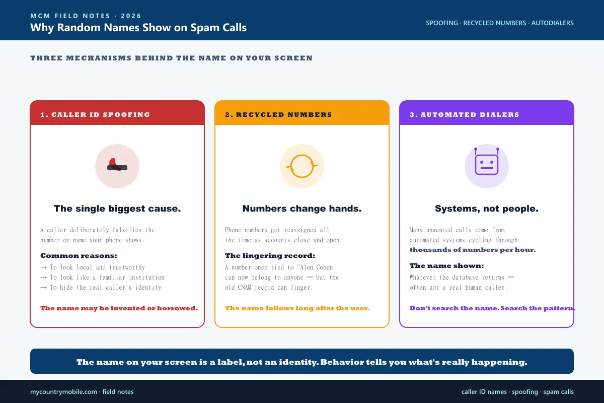 Three reasons random unfamiliar names like Alon Cohen show on caller ID — caller ID spoofing, recycled phone numbers, and automated dialers cycling through massive number lists