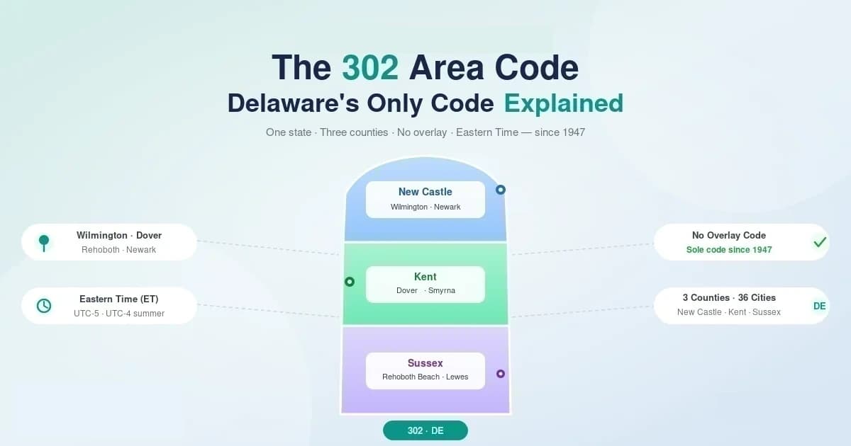 302 area code — Delaware's only area code since 1947, covers all three counties statewide, no overlay, Eastern Time
