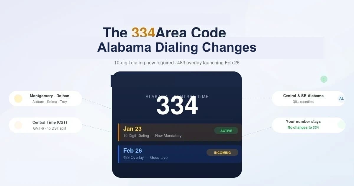 334 area code — central and southeast Alabama, 10-digit dialing mandatory since January 23, 2026, with the new 483 overlay arriving February 26, 2026