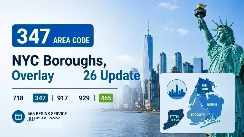 347 area code — NYC outer boroughs Brooklyn, Queens, the Bronx, and Staten Island, with the 465 overlay arriving June 18 2026