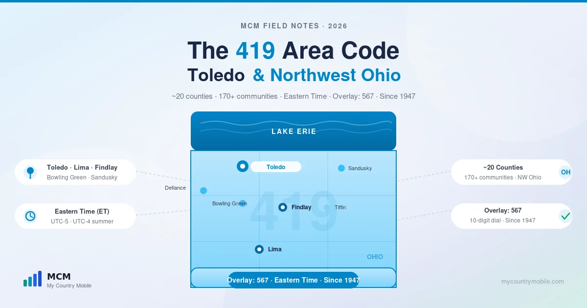 419 area code — Toledo and northwest Ohio, 1947 original NANP code, overlay of 567, Eastern Time
