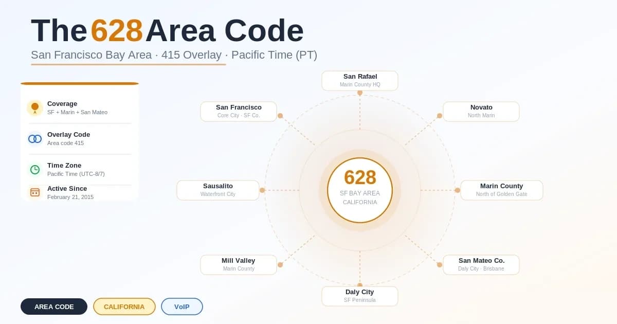 628 area code — San Francisco overlay of 415 since March 21 2015, covers SF, most of Marin, and NE San Mateo corner, Pacific Time