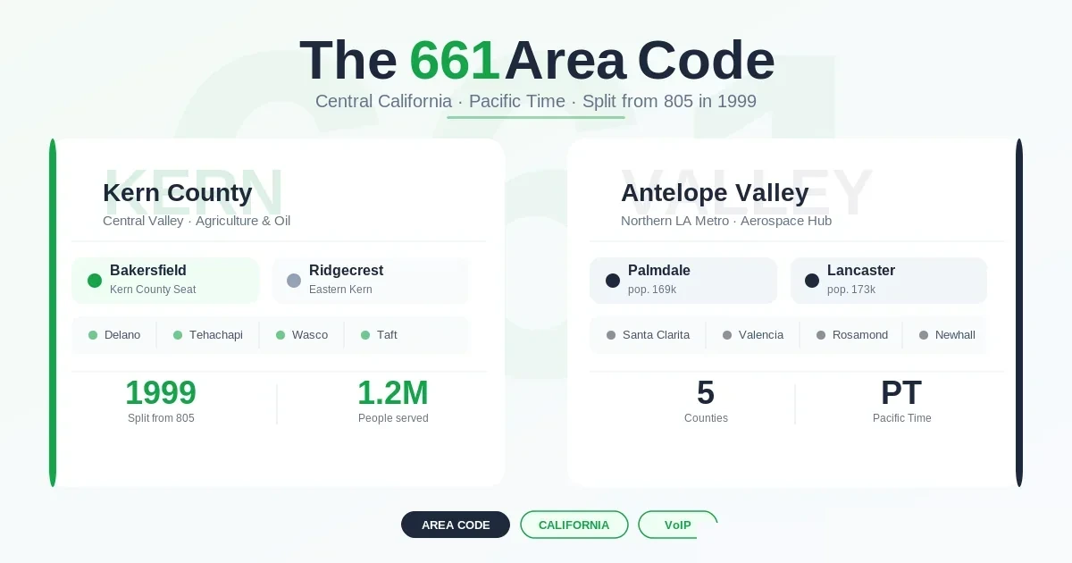 661 area code — Bakersfield, Kern County, and northern LA County valleys, Pacific Time, split from 805 in 1999
