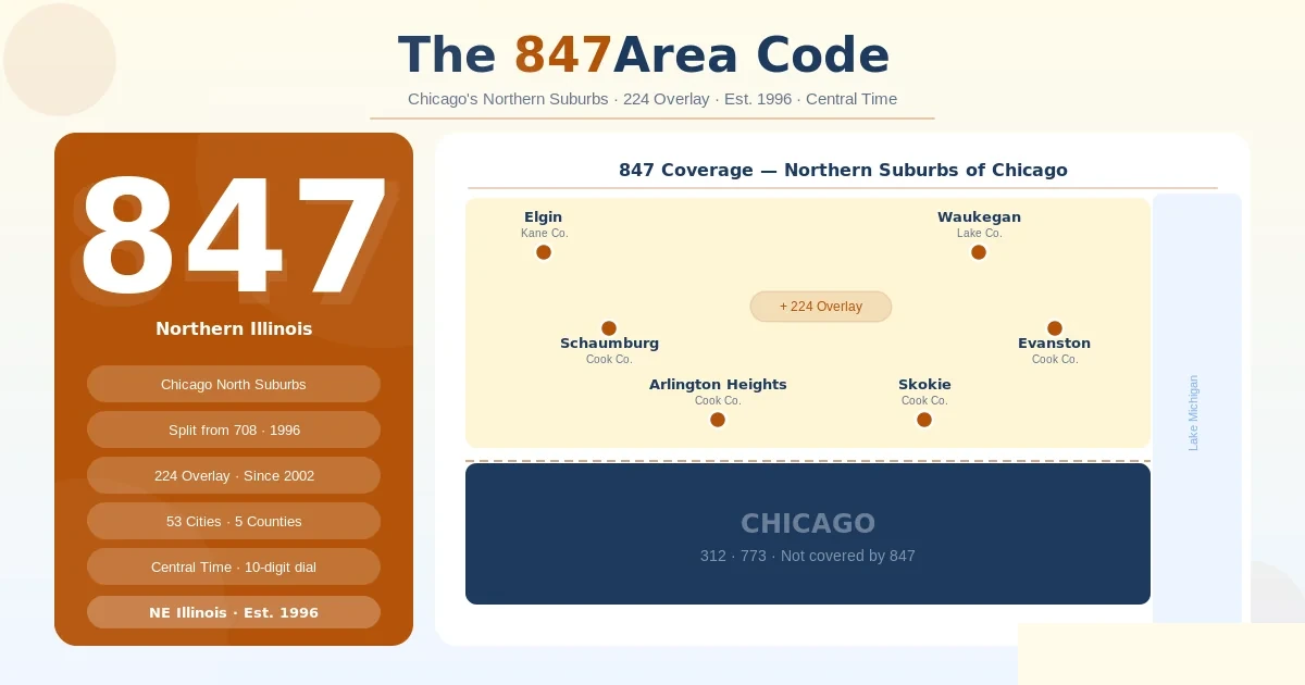 847 area code — Chicago's northern suburbs, split from 708 in 1996, paired with the 224 overlay since 2002, Central Time