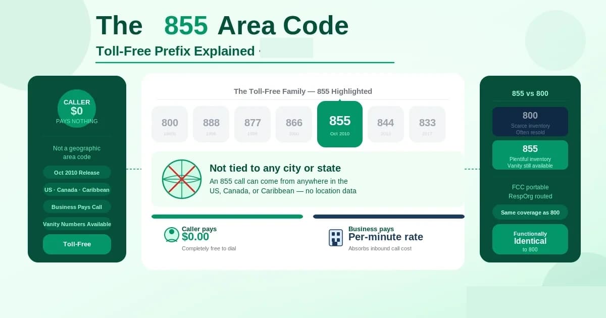 855 is a toll-free prefix, not an area code — released October 2010, plentiful vanity inventory, works across all of the NANP, business pays the call