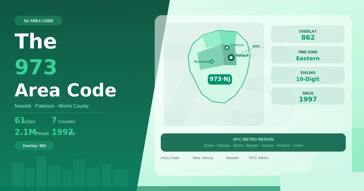 Is the 973 area code a scam? — editorial hero with the centered title, indicating the code is verified and legitimate since 1997 but is heavily spoofed by scammers, paired with the 862 overlay since 2001, covering Newark and northern New Jersey on Eastern Time