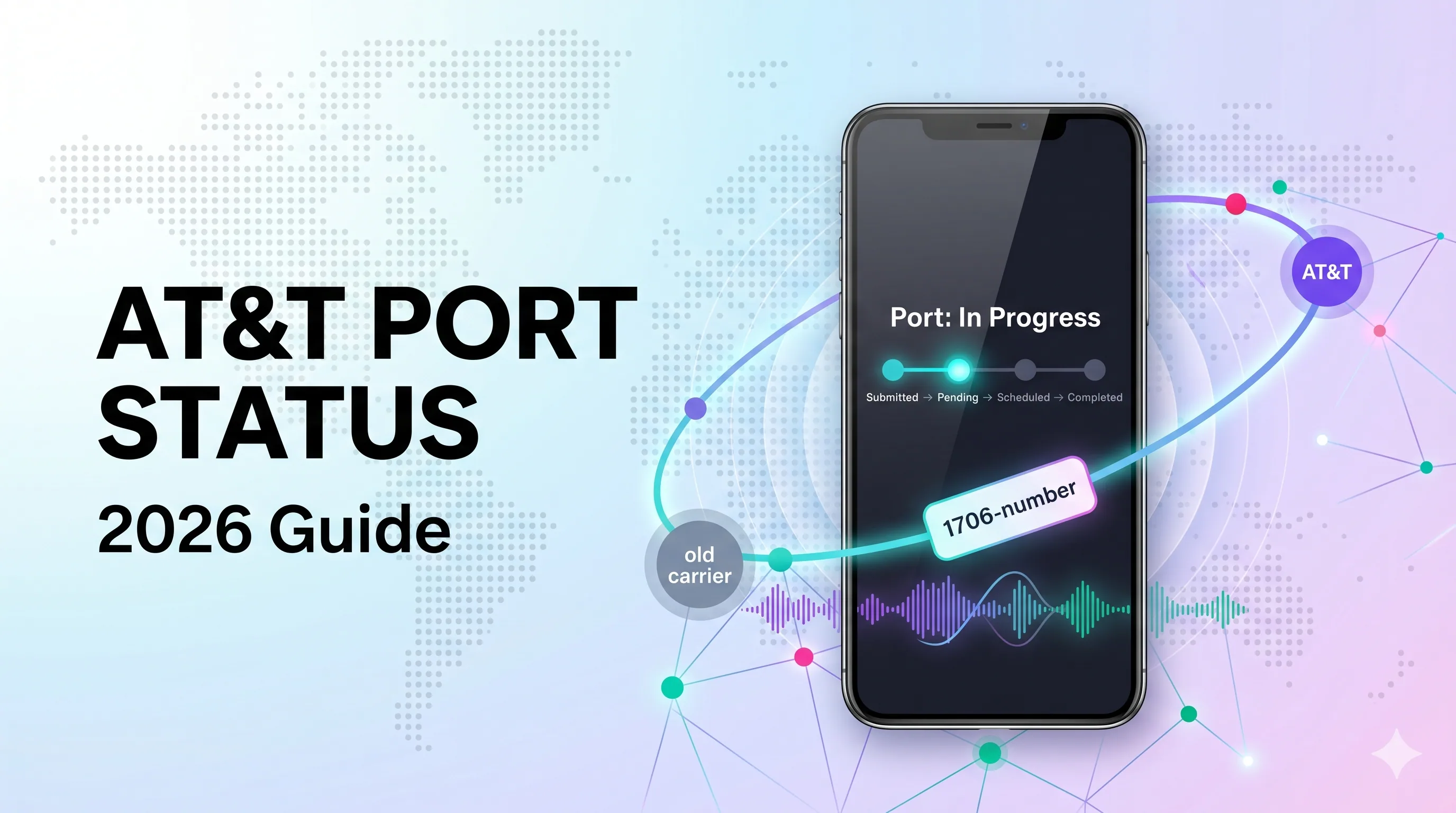 AT&T Port Status 2026 Guide overview card showing a phone with a port in progress between an old carrier and AT&T