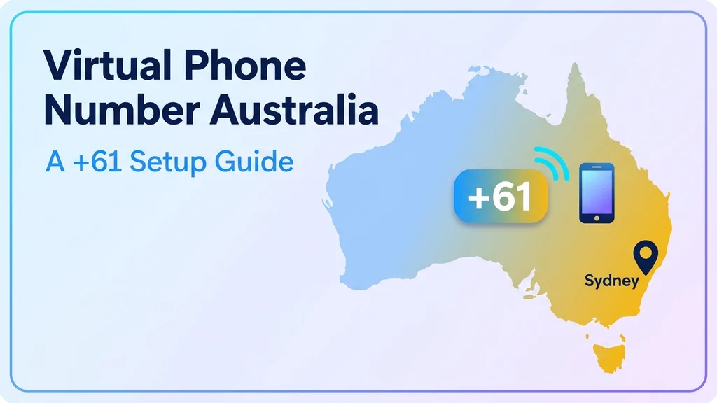 Virtual phone number Australia showing a +61 badge over a map of Australia connected to a mobile device