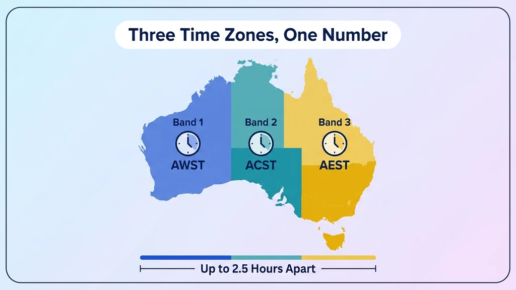 Australia's three time zones — AWST, ACST, and AEST — shown against a map with the time spread when it's business hours in one zone