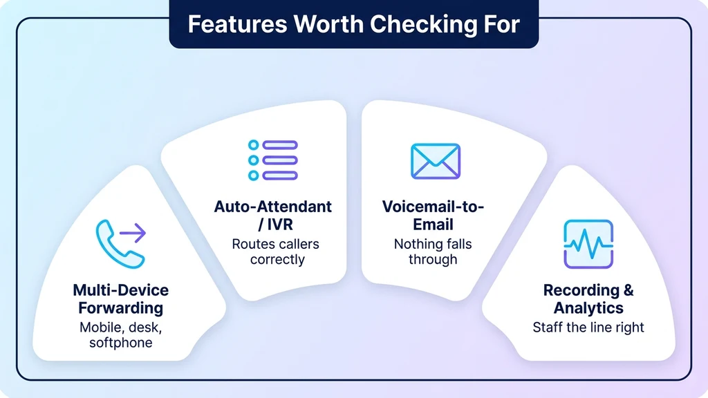 Four arced cards labeled multi-device forwarding, auto-attendant, voicemail-to-email, and recording