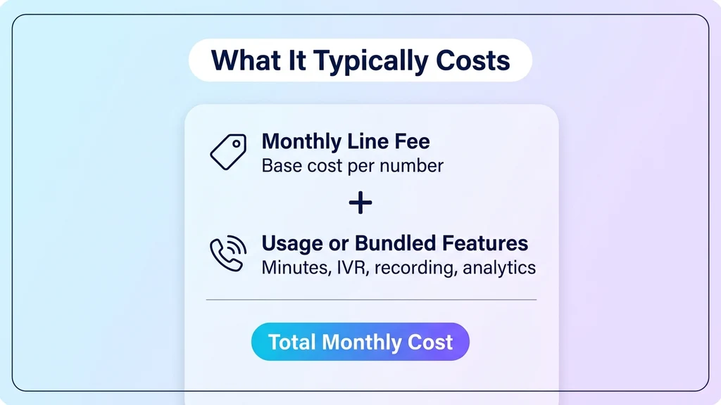 Business phone number pricing breakdown: monthly line fee plus usage, versus bundled feature tiers